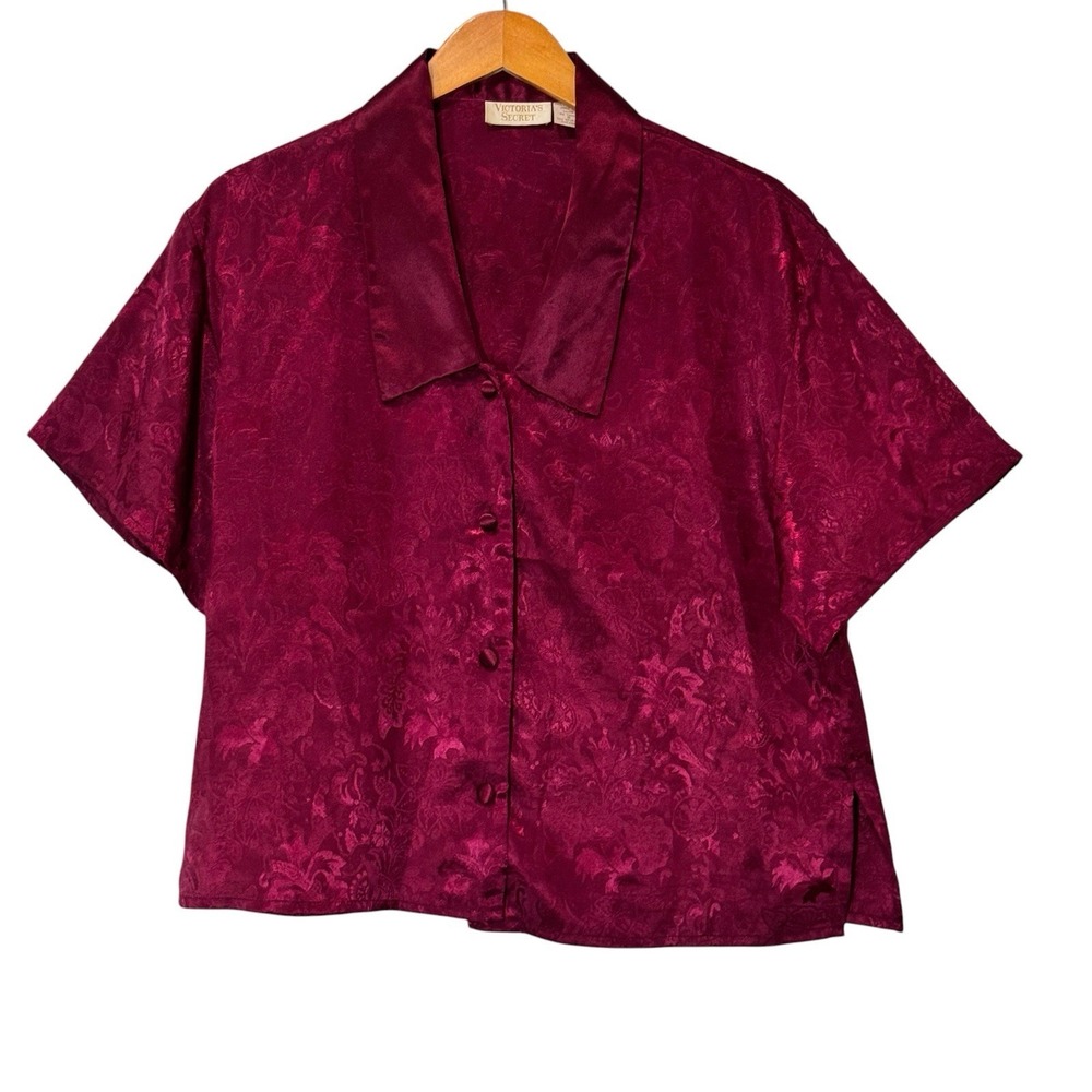 Vintage Victoria's Secret S Burgundy Satin Jacquard Pajama Top Gold Label